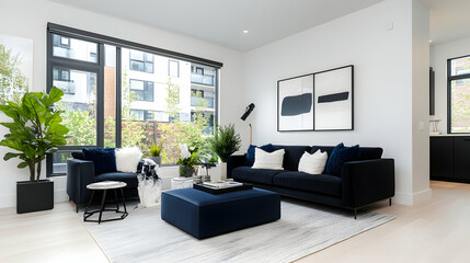 Fototapeta premium Modern, minimalist living room with large windows offering city views. Dark blue sofas, accent chairs, and ottoman create a sophisticated space