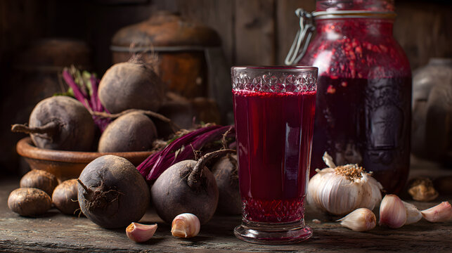 Old-World Beet Kvass with Fermentation Jar and Fresh Beets Display (AI Image)