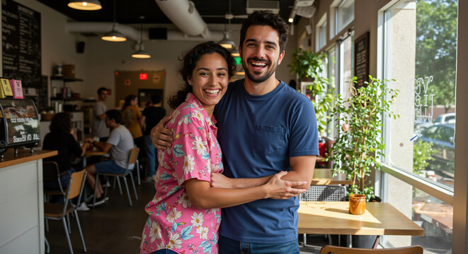 Young couple embracing and smiling in bright cafe with natural light. Relationship happiness concept for dating, coffee shop meetups and casual social connections in urban lifestyle