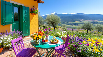 Sunny Tuscan patio breakfast with vibrant flowers and mountain views