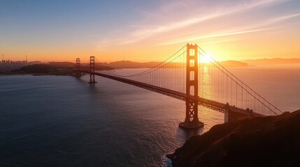 Fototapeta premium Golden Gate Bridge at sunrise, showcasing the iconic structure silhouetted against a vibrant orange and pink sky over the San Francisco Bay. : Generative AI