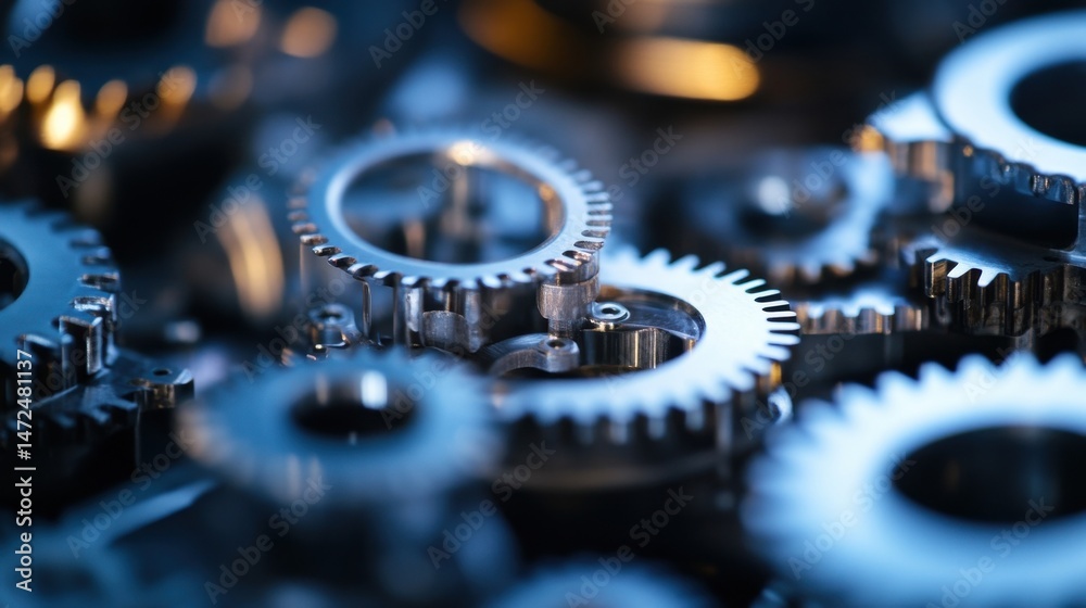 Poster Close-up view of intricate metallic gears interlocked, showcasing precision engineering and complex mechanism.  The image highlights the detailed craftsmanship and industrial design of : Generative AI