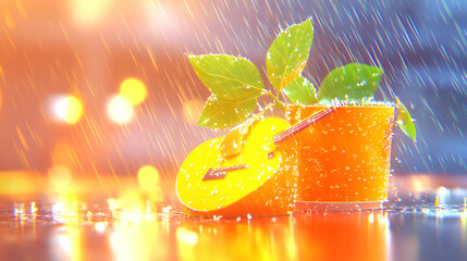 A vibrant orange bucket and a yellow lid, adorned with leaves, under a rainy night