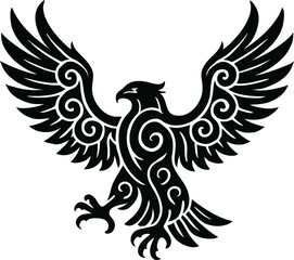 Fototapeta premium Soaring Tribal Eagle with Spread Wings – Black Tattoo-Style Bird Silhouette Vector for Freedom, Vision, and Cultural Identity Concepts – Transparent SVG Background