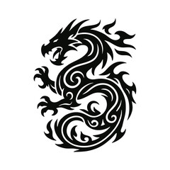 Obraz premium Fierce Roaring Tribal Dragon in Dynamic Swirl Style – Black Mythical Vector Tattoo Illustration for Eastern Folklore, Power Symbols, and Fantasy Art Themes – Transparent Background SVG