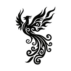 Tribal Phoenix Tattoo Icon in Black Swirl Silhouette – Vector Mythical Bird Illustration for Spiritual Rebirth Designs, Fantasy Branding, and Inspirational Posters – Transparent Background SVG