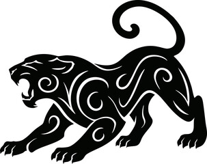 Obraz premium Roaring Tribal Panther in Dynamic Swirl Black Vector Style – Aggressive Animal Design for Tattoos, Sports Logos, and Power Symbol Projects on Transparent SVG Background