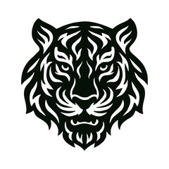 Obraz premium Tiger Head Tribal Black Vector – Fierce Wild Cat Face Silhouette for Tattoos, Warrior Spirit Icons, and Jungle-Inspired Designs – Swirl Ethnic Style on Transparent Background