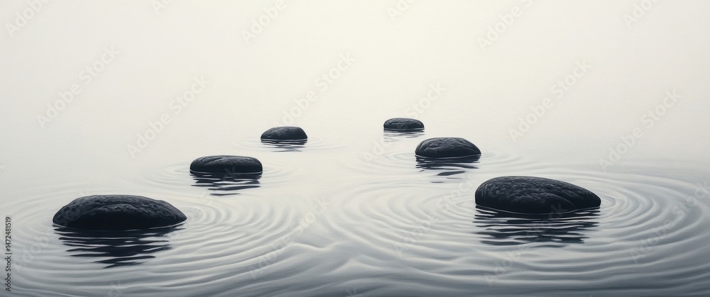 Poster five dark grey stones float serenely on calm, still water, creating concentric ripples; a minimalist