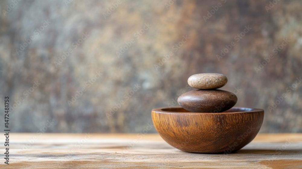 Aufkleber three smooth stones, carefully balanced, rest in a rustic wooden bowl, set against a blurred brown b