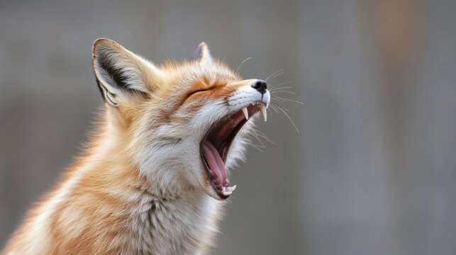 A young red fox yawns widely, showcasing its sharp teeth and fluffy fur against a blurred grey background.  The image captures a candid moment of wildlife, highlighting the animal's na : Generative AI