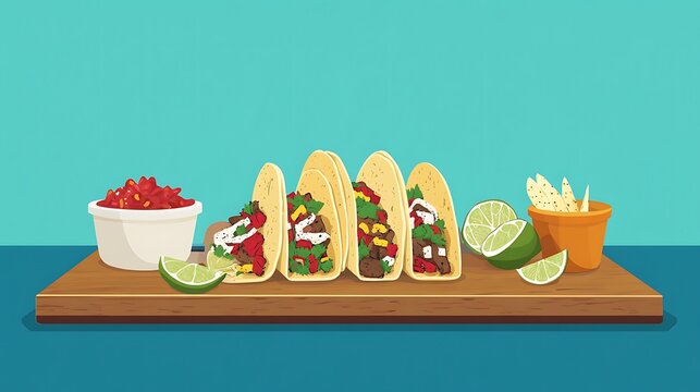 Delicious Tacos on Wooden Board.