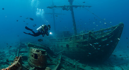 Diver Exploring Sunken Shipwreck Underwater Adventure