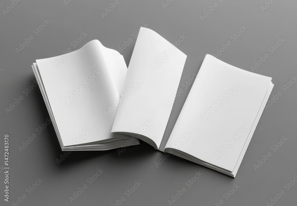 Aufkleber three blank brochures lie open on a gray surface, showcasing their clean, crisp pages and potential 