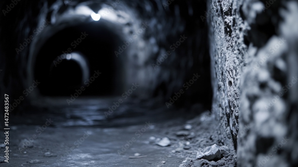 Poster A dimly lit stone tunnel extends into darkness, showing rough, textured walls and a rocky floor.  The perspective is from inside the tunnel, looking towards a distant light source. : Generative AI