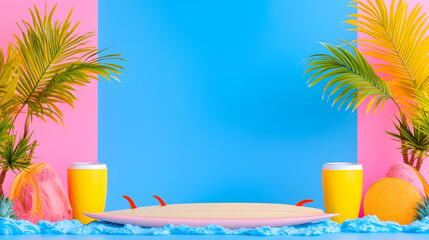 Pastel pink and blue backdrop featuring a surfboard, tropical fruits, palm leaves, and drinks, creating a summery, vibrant scene