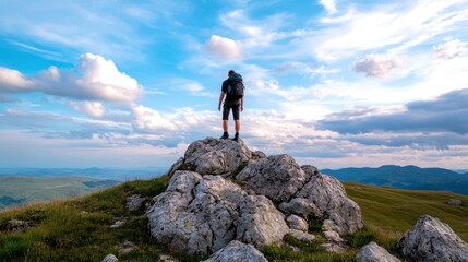 Obraz premium A lone hiker stands triumphantly atop a rocky mountain peak, gazing out at a vast, scenic panorama under a partly cloudy sky. : Generative AI