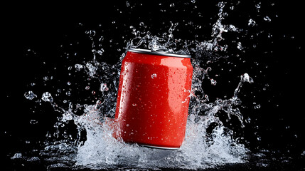 Red soda can erupts in a splash of water