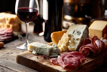 Assorted Cheese and Charcuterie Board with Red Wine and Rustic Wooden Background for Elegant Dining Experience