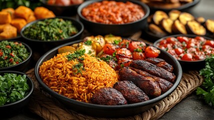Obraz premium Diverse array of flavorful African dishes. A variety of sides and main courses presented together. Colorful and nutritious meal