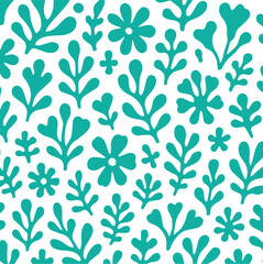 Vector seamless pattern in simple floral wavy and groovy naive style, flowers and plants, floral botanic hand drawn design templates, modern art prints, surface design, holiday and beach themes
