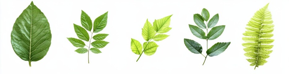 Fototapeta premium Five vibrant green leaves, showcasing diverse textures and shapes, isolated on a white background, perfect for nature-themed designs. : Generative AI