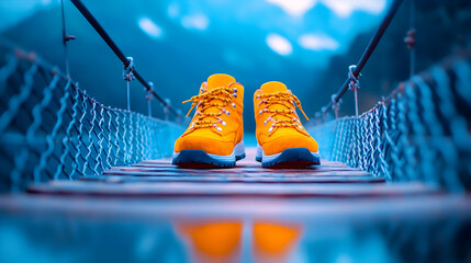 Vibrant yellow hiking boots on a suspension bridge, reflecting in still water