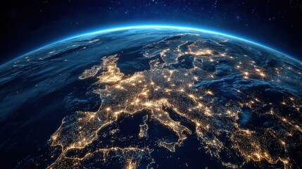 Obraz premium Night view of Europe from space, showcasing city lights illuminating the continent's geography. A stunning display of urban development and human activity across the European landscap : Generative AI