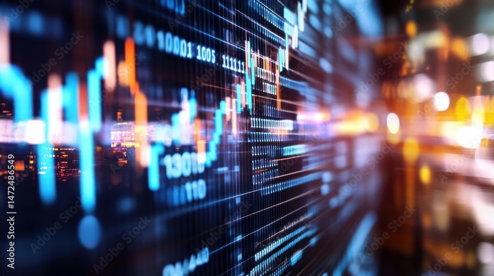 Poster abstract digital stock market data visualization with glowing blue and orange lines, numbers, and ci