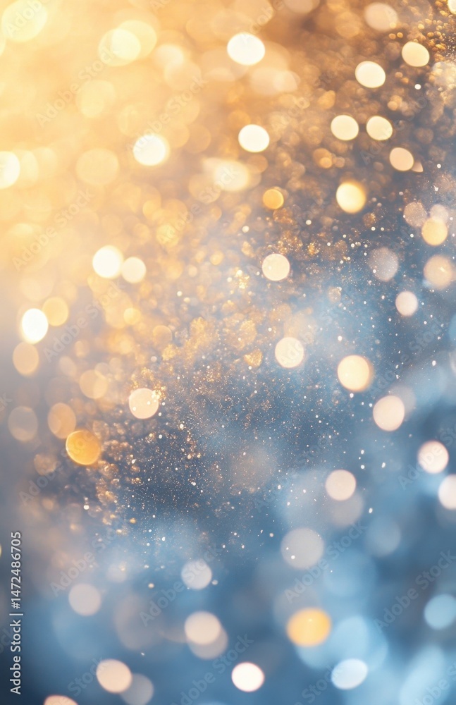 Poster abstract bokeh background with gold and blue lights, shimmering particles and a dreamy, magical atmo