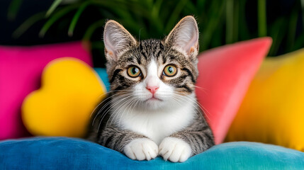 Cute tabby kitten resting on colorful pillows