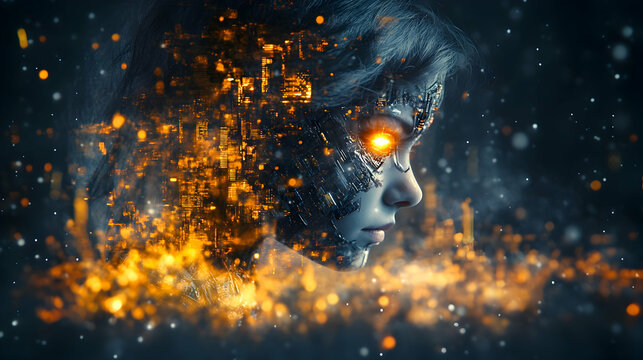 Cybernetic girl profile, glowing with inner fire