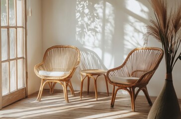 Fototapeta premium Serene living space with rattan chairs and sunlight
