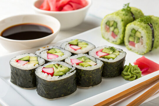 Vegan sushi rolls filled with cucumber, avocado, and pickled radish, with soy sauce and wasab