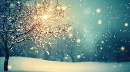 Obraz premium Serene Winter Landscape with Snowfall and Glowing Lights at Dusk