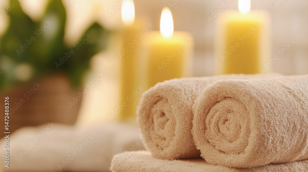 Leinwandbilder Two rolled beige spa towels rest on a stack of towels, with blurred yellow candles and greenery in the background, creating a relaxing atmosphere. : Generative AI