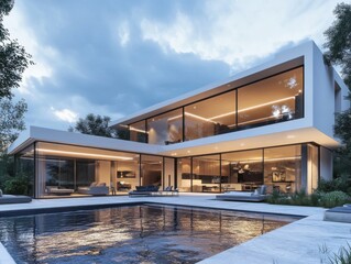 Modern luxury villa with infinity pool at dusk, showcasing expansive glass windows and sleek minimalist design, nestled amongst lush greenery. : Generative AI