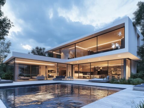 Fototapeta Modern luxury villa with infinity pool at dusk, showcasing expansive glass windows and sleek minimalist design, nestled amongst lush greenery. : Generative AI