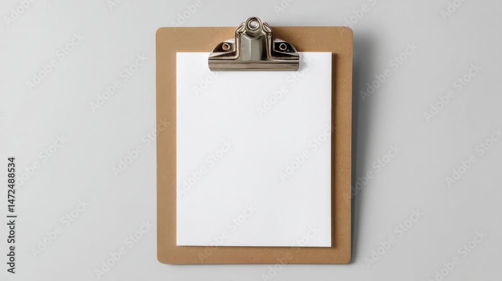Poster blank white paper on a brown clipboard with a silver clamp, isolated on a light gray background. per