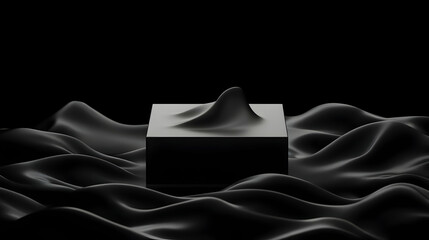 A dark, moody image featuring a black cube with a subtle, organic form on top, resting on undulating black fabric