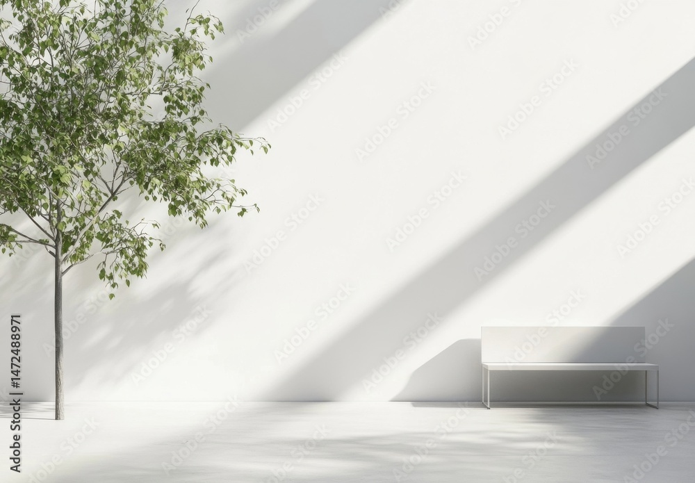 Poster minimalist interior scene featuring a small tree and a modern white bench against a bright white wal