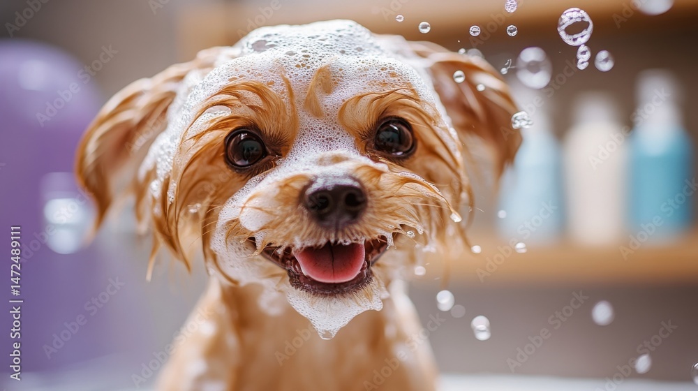 Poster a happy yorkshire terrier puppy enjoys a bubbly bath, its fur covered in fluffy white shampoo suds, 