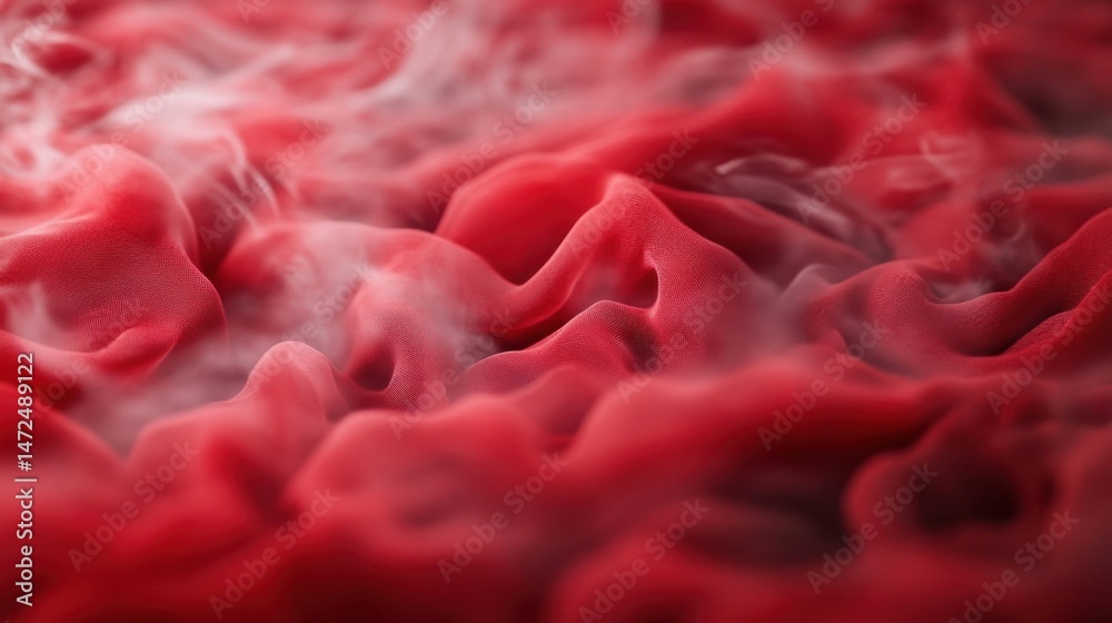 Poster close-up of crimson fabric with ethereal smoke, creating a dramatic and luxurious texture. the image