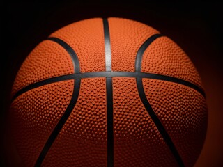 Close-up of a textured orange basketball on a dark background, showcasing its unique surface details.
