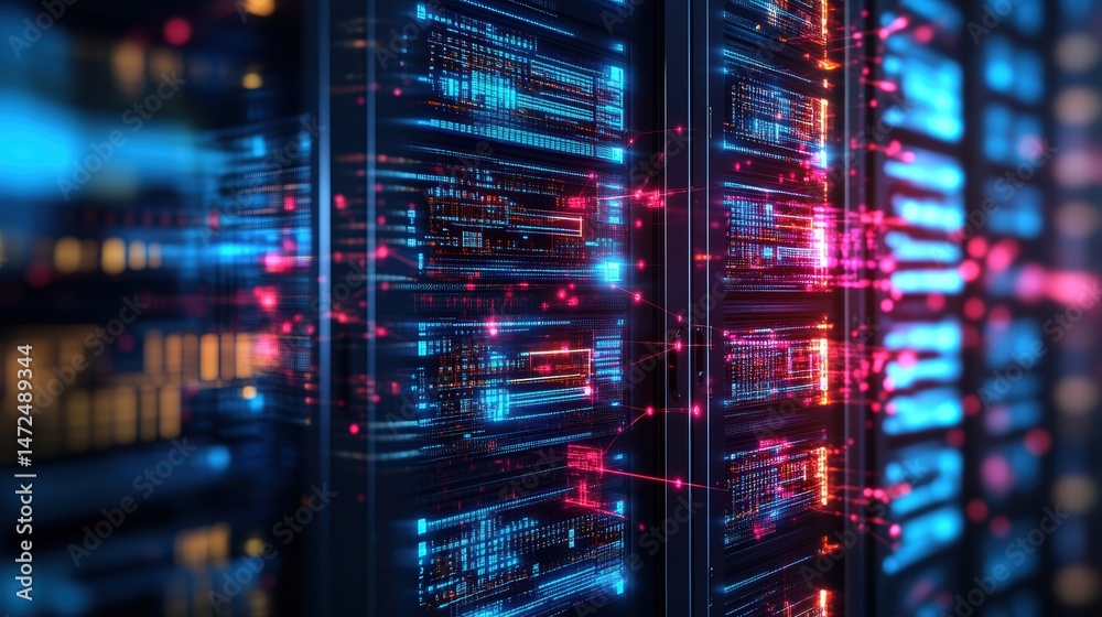 Poster rows of server racks glow with red and blue lights in a data center illustrating abstract computatio