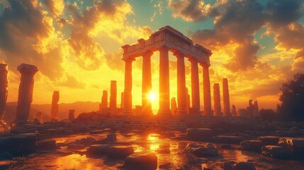 Fototapeta premium Ancient ruins bathed in golden sunset