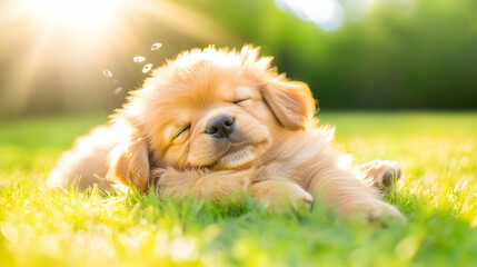 Fototapeta premium Adorable puppy napping outdoors in sunny grass