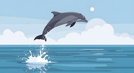 Fototapeta premium Dolphin Jumping From Ocean Waters with Cloudy Sky