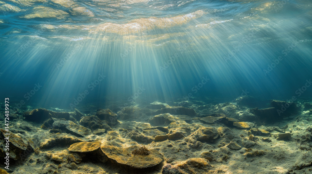 Poster Sunbeams penetrate the crystal-clear ocean water, illuminating a seabed of rocks and sand, creating a serene underwater scene. : Generative AI