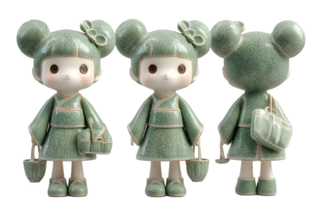 Adorable green ceramic doll figurine with traditional asian dress and accessories cute miniature on transparent background toy art